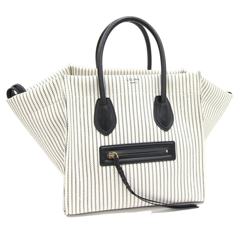 Celine Luggage Phantom handbag Ivory White black canvas leather tote bag stripe